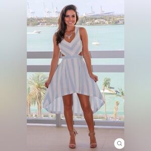THE CLOTHING COMPANY BLUE AND WHITE STRIPED HIGH LOW DRESS